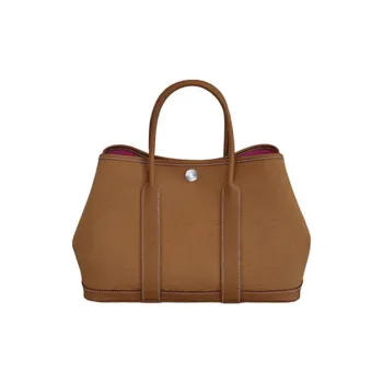 HERMES Garden Party Officier Canvas With Negonda Leather Handbag Unisex Gold Brown Inner & Rose Red