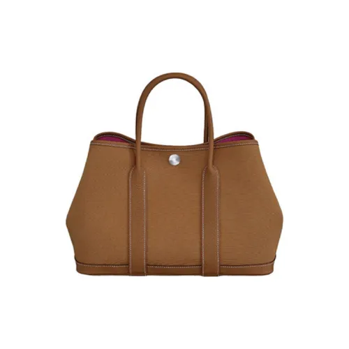 HERMES Garden Party Officier Canvas With Negonda Leather Handbag Unisex Gold Brown Inner & Rose Red