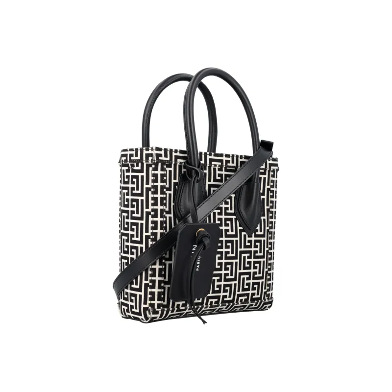 BALMAIN Cotton With Leather Shoulder Bag Crossbody Bag Handbag Women's Black White-1