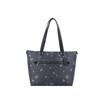COACH Canvas Monogram With Cow Leather Tote Bag Shopping Bag Shoulder Bags Women's Navy Blue