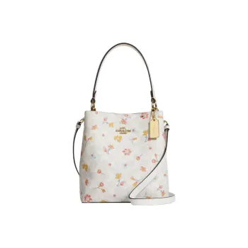 COACH Town Coated Canvas With Smooth Leather Bucket Bag Portable Crossbody Bag Shoulder Bag Small Size Women's Ecru