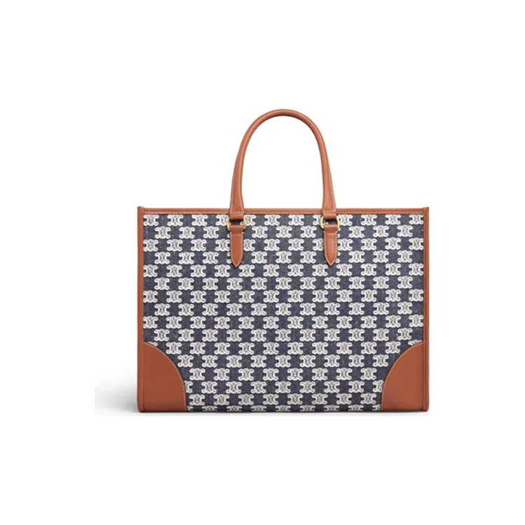 CELINE Cow Leather Textile Tote Bag Shopping Bag Handbag Shoulder Bag Unisex Marine Blue-2