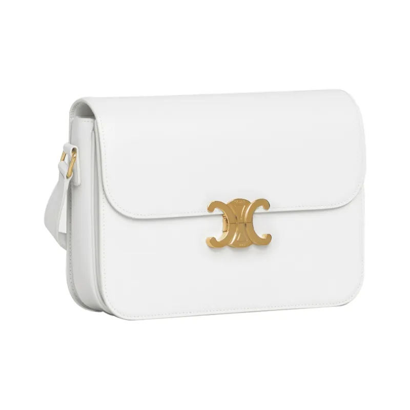 CELINE Triomphe Shiny Cow Leather Shoulder Bag Handbags Shoulder Bag Crossbody Bag Large Size Women's White-1