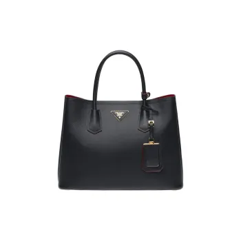 PRADA Double Leather Handbag Medium Size Women's Black