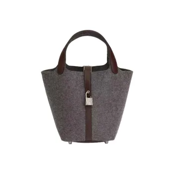HERMES Picotin Lock Cow Leather Patchwork With Wool Basket Bag Handbag 18 Unisex Medium Grey/Havana