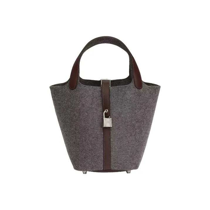 HERMES Picotin Lock Cow Leather Patchwork With Wool Basket Bag Handbag 18 Unisex Medium Grey/Havana-0