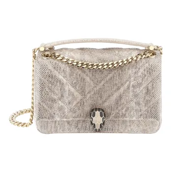 BVLGARI Serpenti Cabochon Water Snake Skin Shoulder Bag Small Size Women's Milk Beige