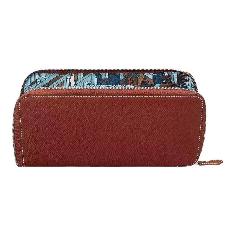 HERMES Silk'In Epsom Calfskin Zippers Long Wallet Women's Crimson & Paradise Blue & Dark Blue-0
