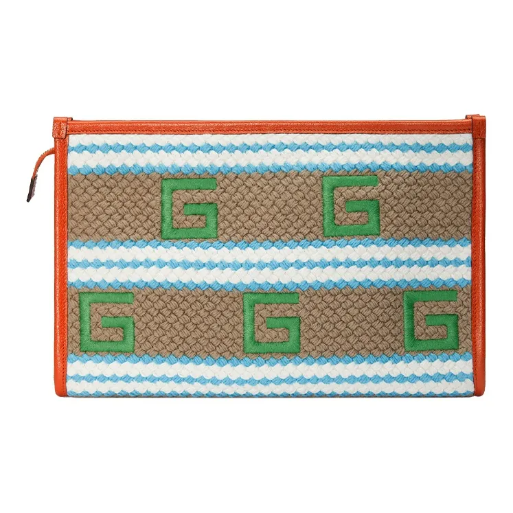 GUCCI Fabric Leather Clutch Women's Orange/Green/Brown-1