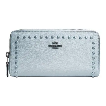 COACH Grained Leather Wallet Women's Light Lake Blue Solid Color Macaron