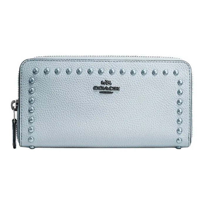 COACH Grained Leather Wallet Women's Light Lake Blue Solid Color Macaron-0