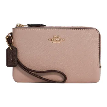 COACH Double Zip Wallet Pebbled Leather Wallet Wrist Bag Clutch Women's Light Pink