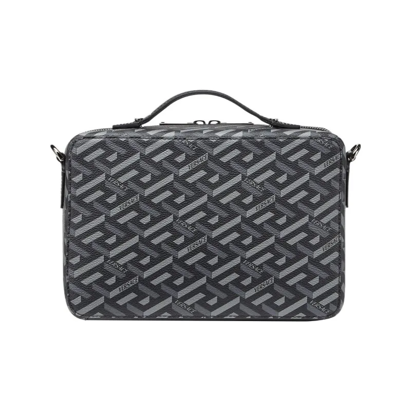 VERSACE Coated Canvas With Leather Messenger Bag Shoulder Bag Crossbody Bag Regular Unisex Black Gray Color-1
