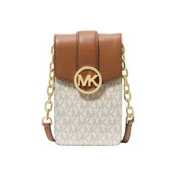 MICHAEL KORS Leather Card Holder Chain Bag With Cell Phone Pouch Women's Brown, Vanilla, White & Multicolor