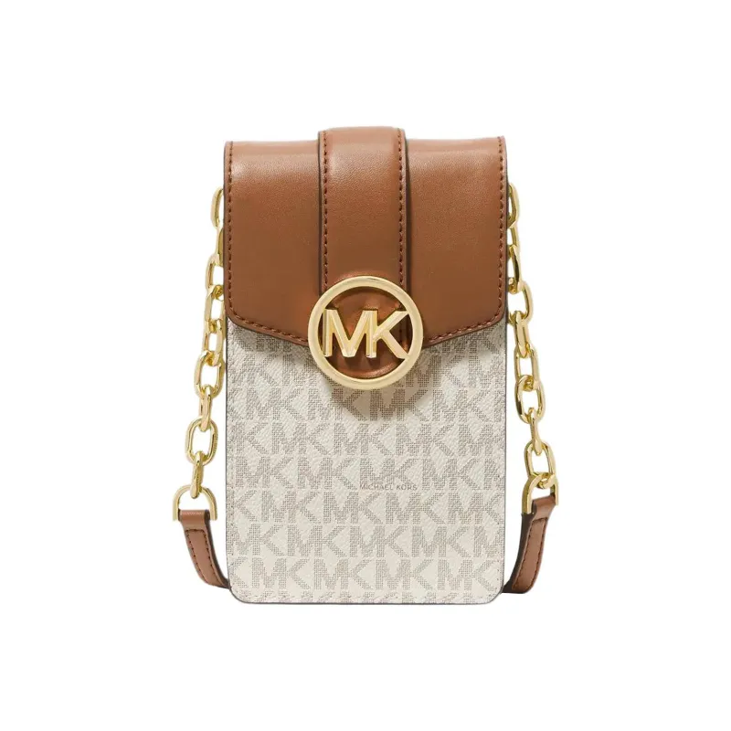 MICHAEL KORS Leather Card Holder Chain Bag With Cell Phone Pouch Women's Brown, Vanilla, White & Multicolor-0