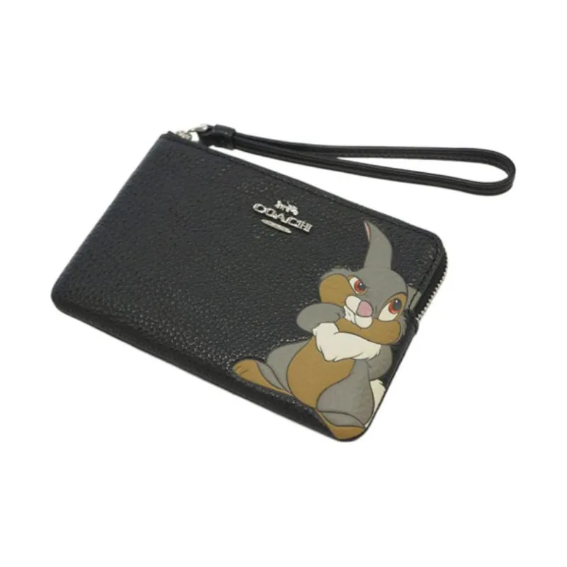 COACH Disney, Collaboration Corner Zip Pebbled Leather Pochette Clutch Wallet Wrist Bag Small Size Women's Black-2