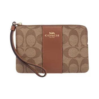 COACH Corner Zip Canvas With Leather Coin Purse Wrist Bag Clutch Small Size Women's Caramel Brown Multicolor