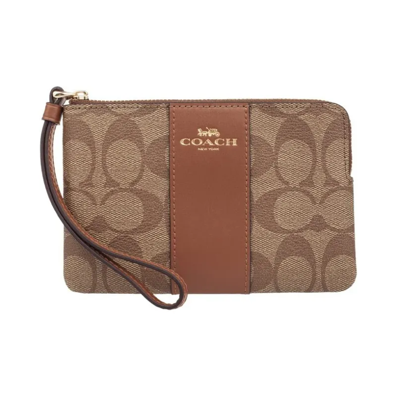 COACH Corner Zip Canvas With Leather Coin Purse Wrist Bag Clutch Small Size Women's Caramel Brown Multicolor-0