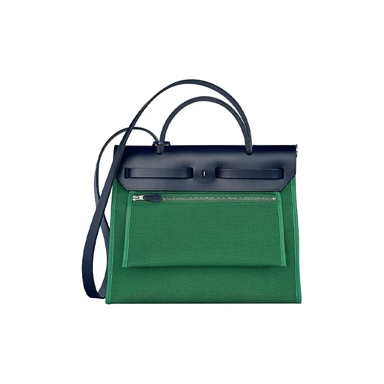 HERMES Herbag Zip Hunter Leather With Canvas Handbag Shoulder Bag Crossbody Bag Regular Women's Cactus Green/Indigo-2