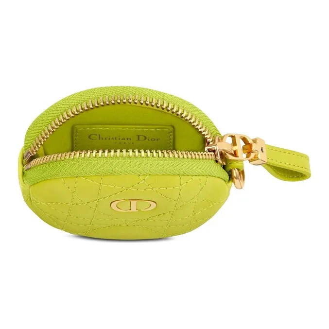 DIOR Cow Leather Wicker Pattern Coin Purse, Clutch Women's Green Yellow-2