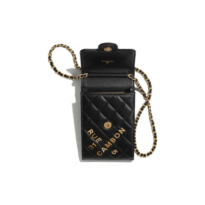 CHANEL Sheepskin & Metal One Shoulder Crossbody Cell Phone Pouch Mini Women's Black/Gold-3