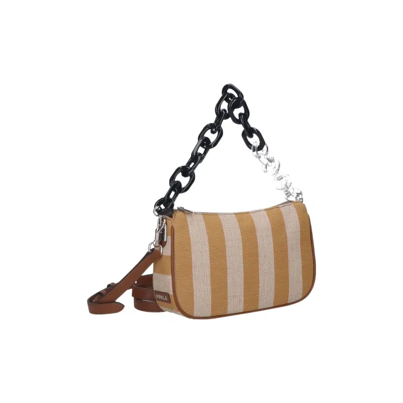 Furla Cotton Linen With Leather Handbag Shoulder Bag Women's Brown & Gray-2