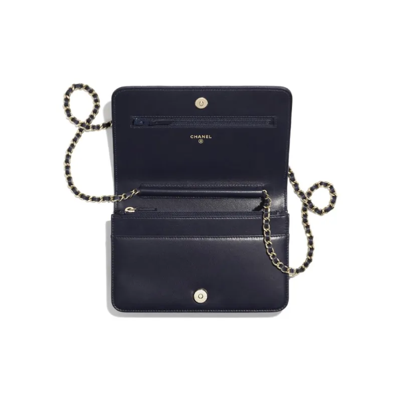 CHANEL Sheepskin Decoration Detail And Gold Plated Metal Wallet, Shoulder Bag Women's Marine Blue-2