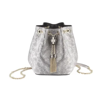 BVLGARI Water Snake Skin Bucket Drawstring Bag Handbag Shoulder Bag Women's Silver