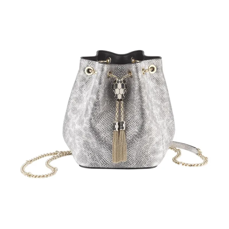 BVLGARI Water Snake Skin Bucket Drawstring Bag Handbag Shoulder Bag Women's Silver-0