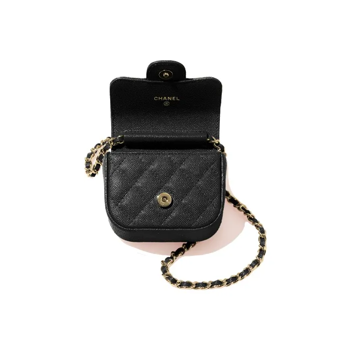 CHANEL Grain Embossed Shiny Caviar Calfskin Headphone Case Coin Purse Women's Black-1