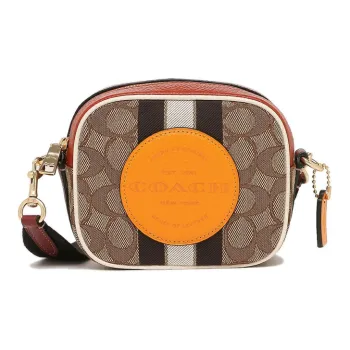 COACH Dempsey Leather Camera Bag, Handbag, Shoulder Bag, Crossbody Bag Medium Size Women's Saffron & Khaki Monogram