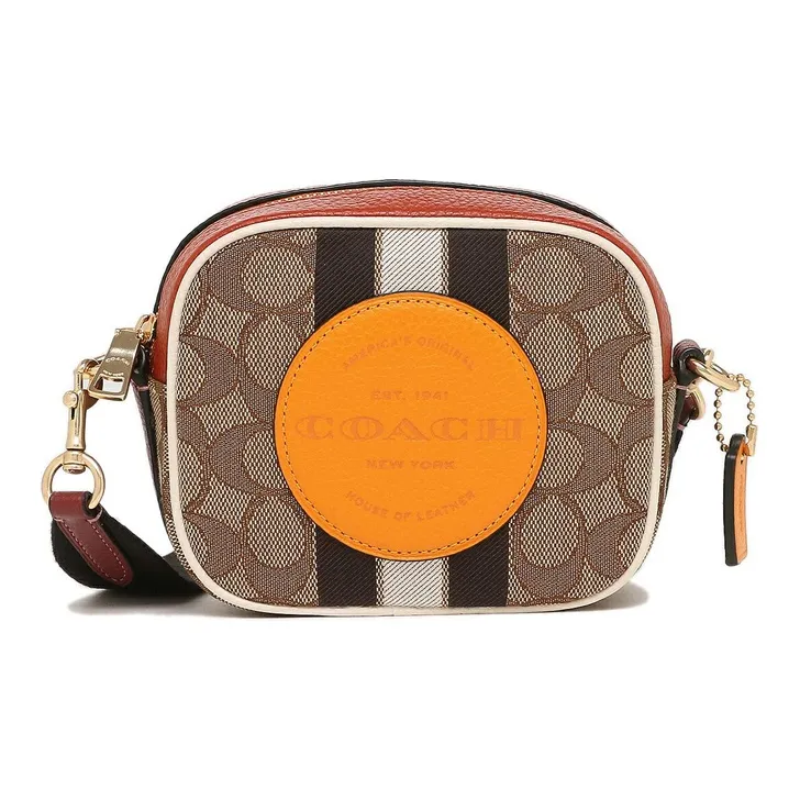 COACH Dempsey Leather Camera Bag, Handbag, Shoulder Bag, Crossbody Bag Medium Size Women's Saffron & Khaki Monogram-0