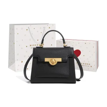 Miss Kung Cow Leather Kelly Bag One Shoulder Handbags Medium Size Women's Black