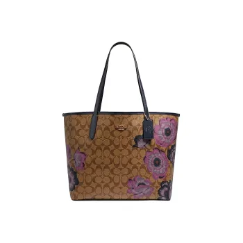 COACH City Canvas With Leather Tote Bag Shopping Bag Handbag Shoulder Bag Women's Brown Purple