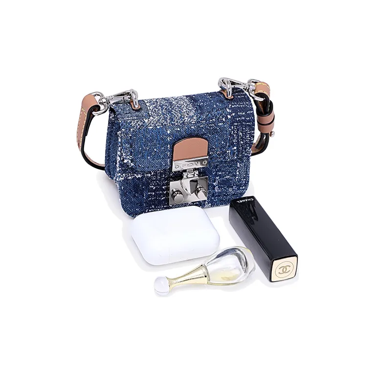FION Fabric Small Square Bag, Crossbody Bag Regular Mini Women's Dark Blue/Camel-1