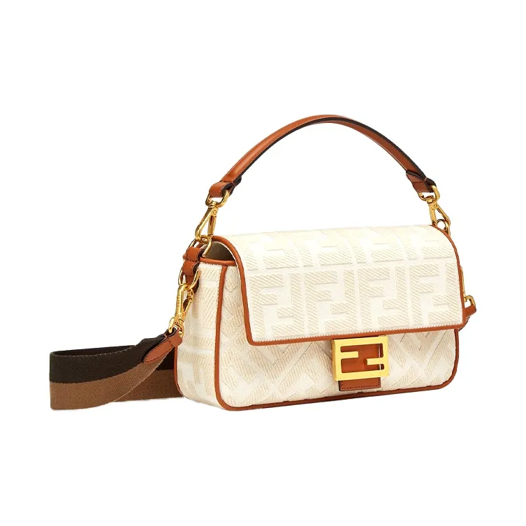 FENDI Baguette Canvas With Leather Portable Crossbody Bag Shoulder Bag Women's White/Brown-1