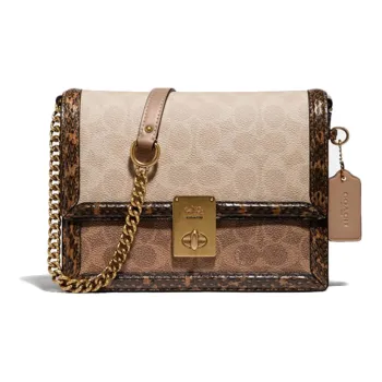 COACH Hutton Leather With Snake Skin With Coated Canvas Small Square Bag Shoulder Bag, Crossbody Bag Women's Brown
