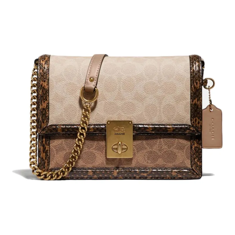 COACH Hutton Leather With Snake Skin With Coated Canvas Small Square Bag Shoulder Bag, Crossbody Bag Women's Brown-0