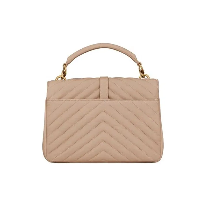 SAINT LAURENT College Quilted Leather Shoulder Bag, Crossbody Bag, Handbag Medium Size Women's Dark Beige-2