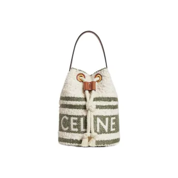 CELINE TEEN BUCKET Fabric Cow Leather Patchwork Bucket Bags Handbags Small Size Women's Khaki Green/Tan