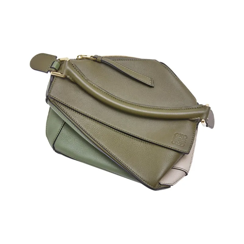 LOEWE Puzzle Calfskin Handbag Crossbody Bag Small Size Women's Green/Light Oat-4