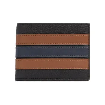 COACH Billfold Wallet Leather Card Holder, Wallet Men's Black, Brown, Blue Stripes