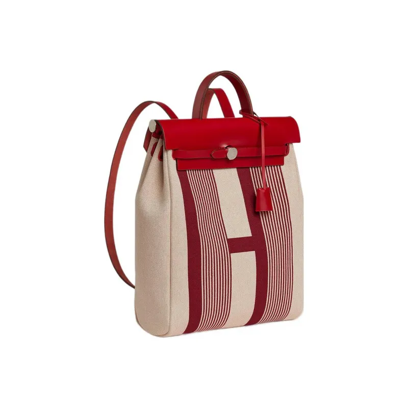 HERMES Herbag Canvas With Leather Backpack Unisex Bordeaux Red Light Beige Beige Spicy Pepper Red-1