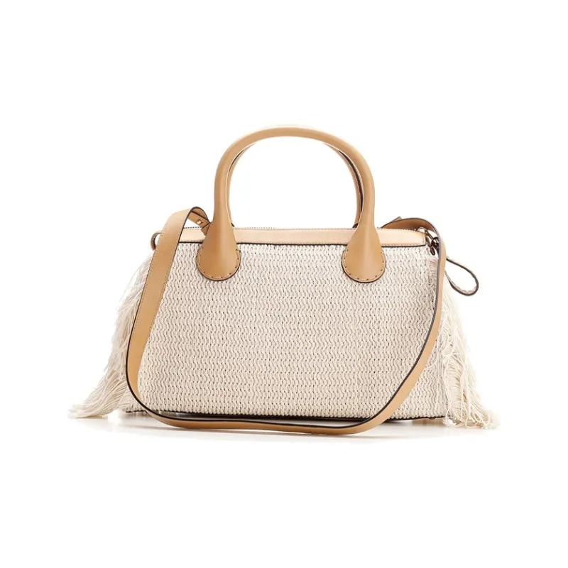 Chloe Edith Recycled Knit Cotton Patchwork Buffalo Leather Handbag One Shoulder Handbag Medium Size Women's Brown-2
