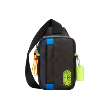 COACH Cowhide Patchwork Canvas Crossbody Bag Shoulder Bag Sling Bag Small Size Men's Blue With Neon Yellow Accents