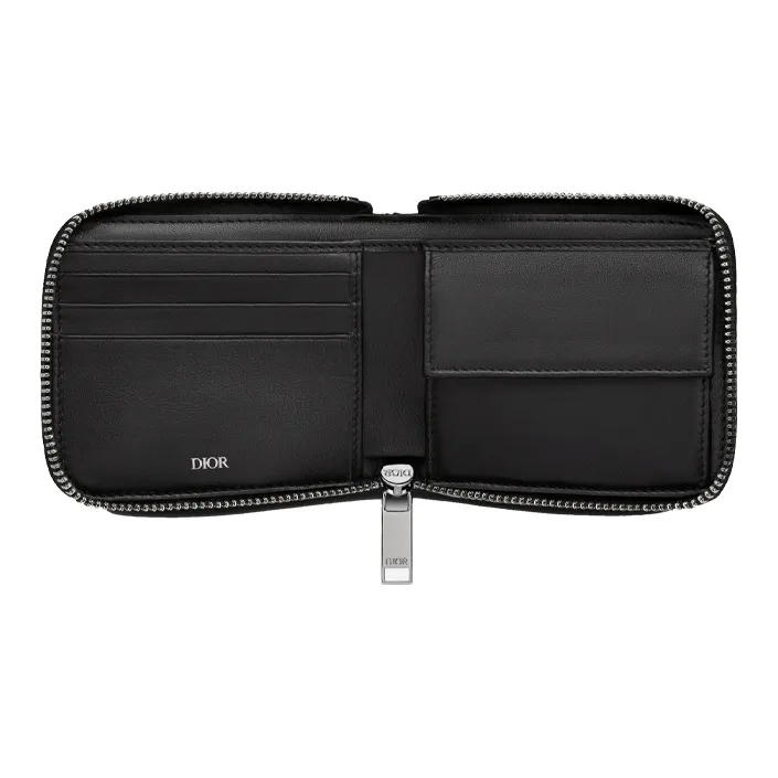DIOR Calfskin Card Holder With Zipper Wallet Men's Black-3