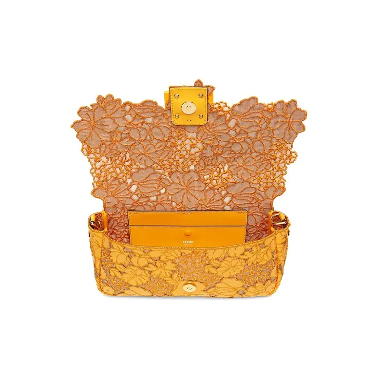 FENDI Baguette Leather Handbag Medium Size Women's Orange-3