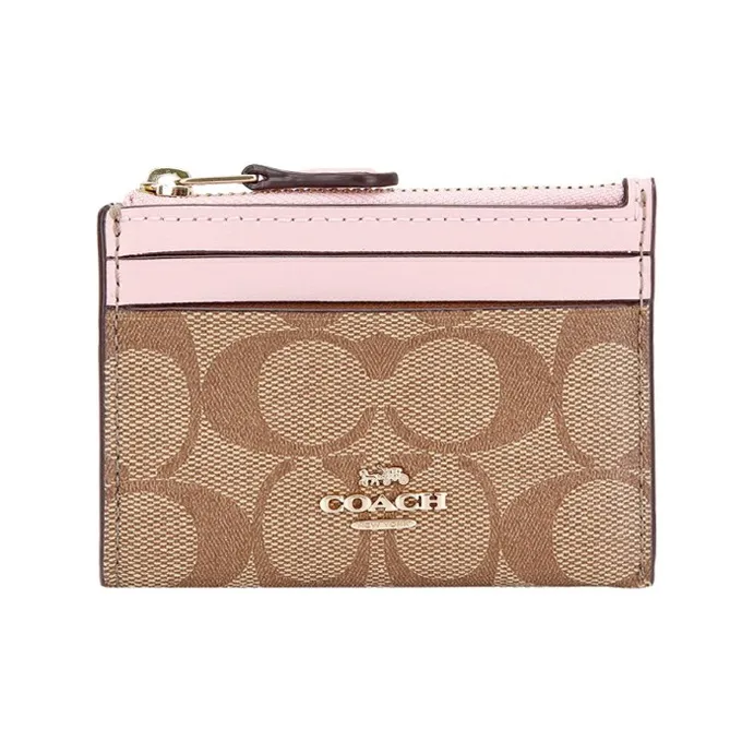 COACH Mini Id Skinny Leather Patchwork PVC Key Pouches Card Holders Mini Women's Pink & Brown Monogram-1