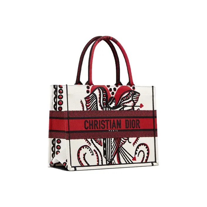 DIOR BookTote Embroidered Print Tote Bag Shopping Bag Handbag Small Size Women's Red/White-1