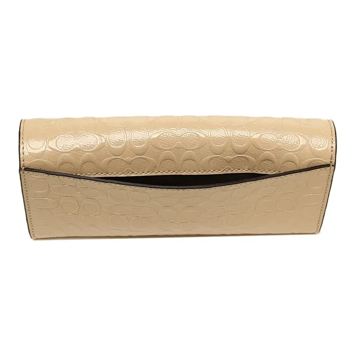 COACH Boxed Patent Leather Leather Envelope Wallet Clutch Coin Purse Box Women's Khaki-4
